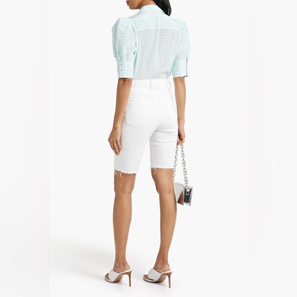 Alice + Olivia NWT Willa Houndstooth Puff Sleeve Silk Top in Julep Size L - Picture 4 of 11